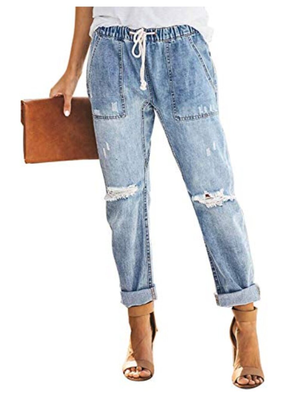 Women's Distressed Pull-On Jeans Elastic Waist Denim Joggers Stretch Pants
